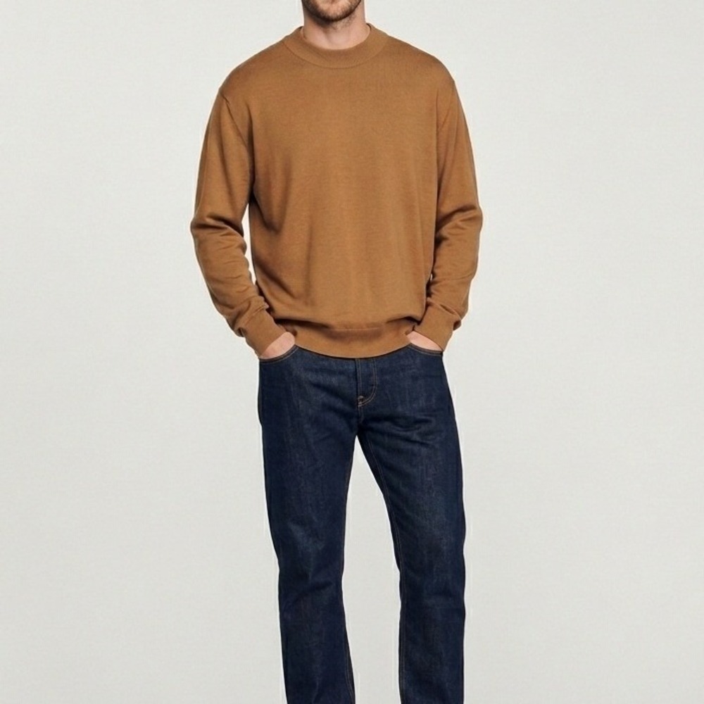 Sandro Paris Mens Industrial Mock Neck Wool Sweater Noisette Brown XXL NEW